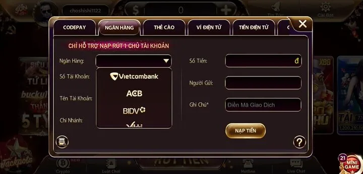Hướng dẫn nạp tiền Sunwin